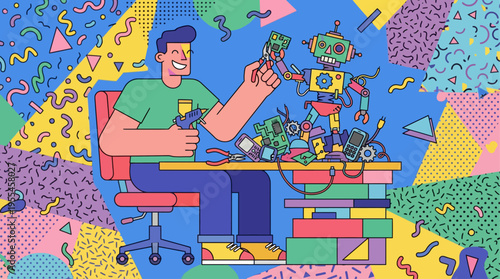 Creative Repurposing Man Building a Robot with Upcycled Components