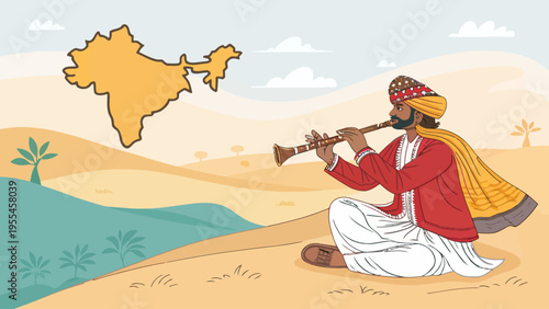 A man in traditional Indian clothing plays a trumpet in the desert with a map of India in the background.