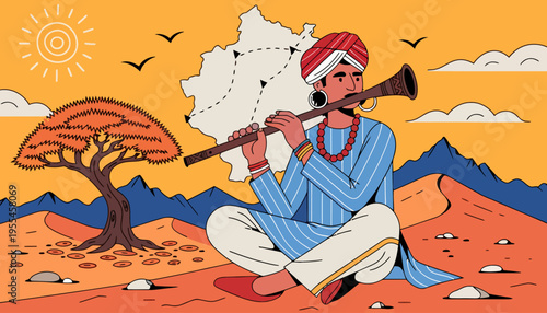 A man in traditional Indian attire playing a flute in a desert landscape with a tree and mountains in the background.