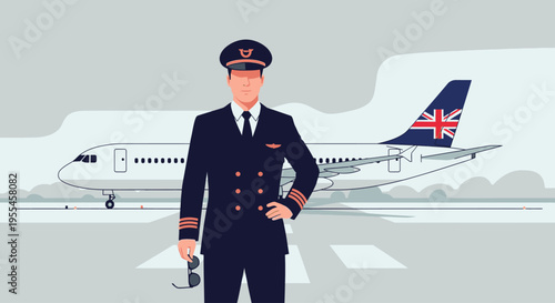 Illustration of a confident pilot in a navy blue uniform standing in front of a British Airways airplane on a runway with a grey background.