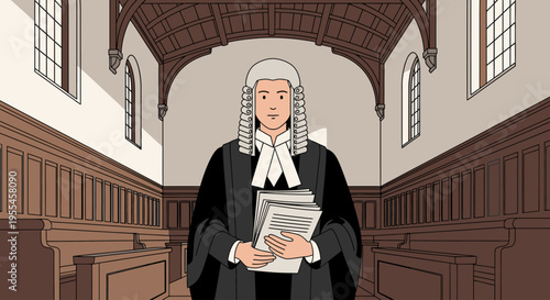 Illustration of a judge in a traditional black robe and white wig holding books in a courtroom with wooden paneling and high ceilings.