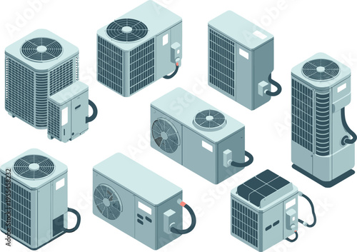 Isometric air conditioning units set with HVAC systems compressors cooling equipment ventilation technology modern climate control vector illustration collection