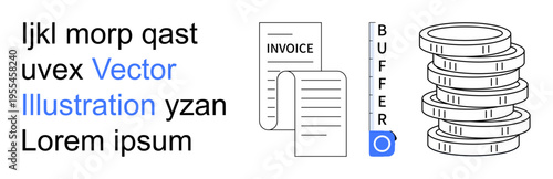 Business finance, accounting, billing, digital economy, organization, workflow. An invoice document, buffer text element and stack of coins . Business finance and accounting
