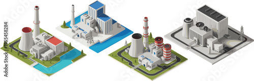 Industrial power plants vector illustration set with factory buildings chimneys energy stations isometric urban infrastructure electricity production design collection