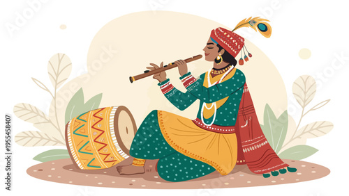 A colorful illustration of a man playing a flute in traditional Indian attire