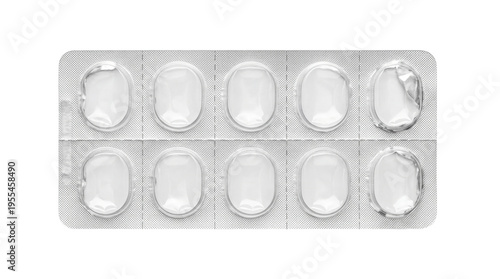 A sleek, metallic blister pack, segmented into ten clear oval compartments, lies stark and vacant on a pristine white surface