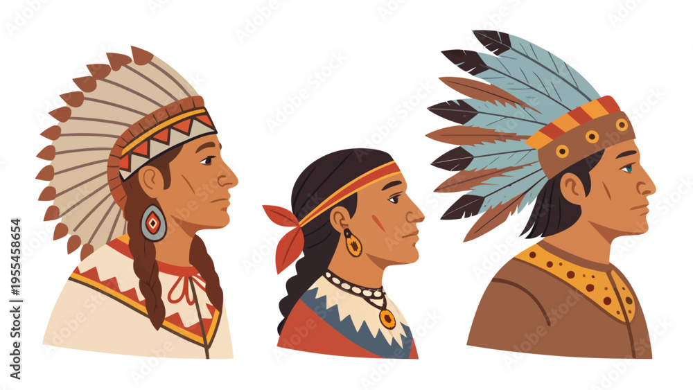 Obraz premium Three Native American people wearing traditional headdresses and clothing