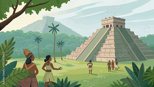 An illustration of ancient Mayan people gathered around a pyramid in a lush tropical landscape with palm trees and a mountain in the background.