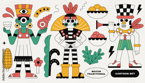 A vibrant cartoon set of Mayan traditional characters and symbols in a colorful illustration
