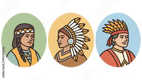 Three Native American men wearing traditional headdresses and clothing in circular portraits