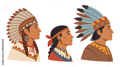 Three Native American people wearing traditional headdresses and clothing