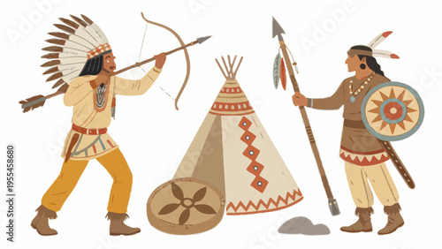 An illustration of two Native American warriors in traditional clothing with a teepee and various tribal items.