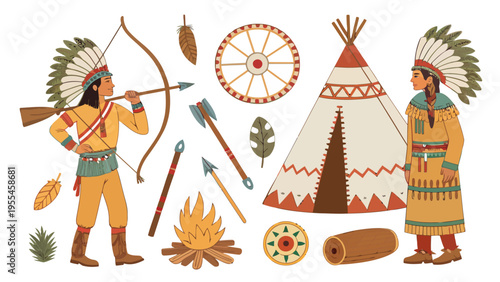 An illustration of Native American culture with two people and various traditional items