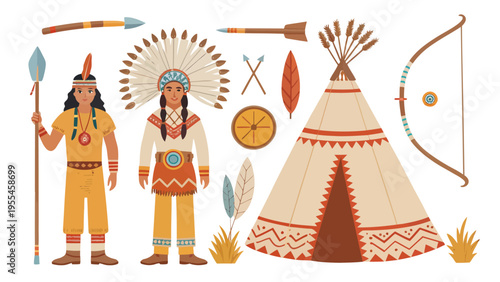An illustration of Native American people and their traditional objects and shelter