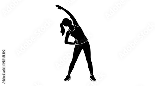 Silhouette of a woman stretching her body to the side, preparing for a workout or exercise routine, isolated on white.