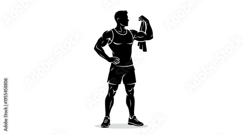 Muscular male athlete silhouette flexing bicep and holding a towel, standing confidently after a successful workout session.