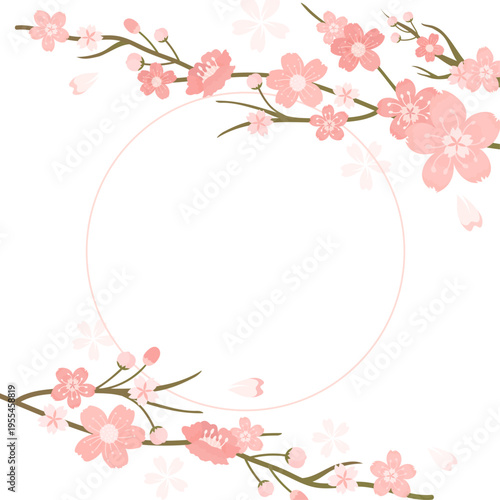 春の桜が円形に囲む和風フレーム背景・優しいピンクの花が彩る上品で華やかな日本風デザイン素材
