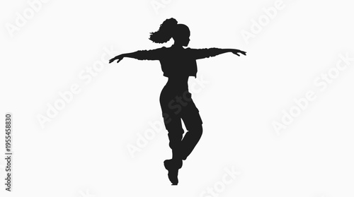 Elegant female dancer in a stylized black silhouette, performing a graceful ballet pose with arms outstretched against a clean white background.