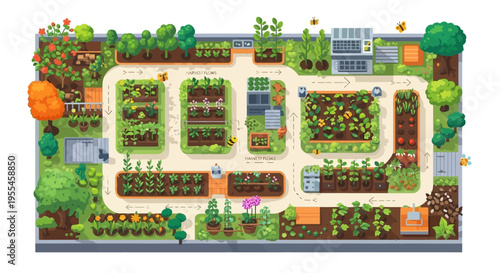 Community Garden Layout With Diverse Crops and Amenities.