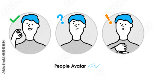 OK・疑問・驚きの3種類の表情を持つ男性アバターセット|フラットデザインの人物アイコンイラスト（水色）