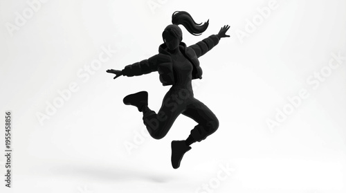 Dynamic 3D black silhouette of a female dancer leaping mid-air with energetic movement and outstretched arms, showcasing a modern, stylized form.