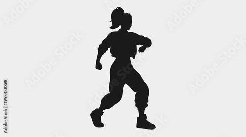 Active female dancer in a stylized black silhouette, captured mid-stride in a dynamic pose, conveying movement and energy on a white background.