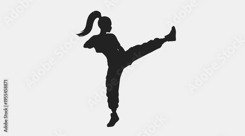 Dynamic silhouette of a woman performing a high kick, showcasing athletic movement and energetic dance in a stylized 3D art form.