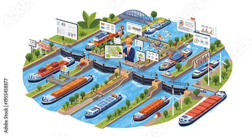 Modern Smart Canal System with Automated Locks and Cargo Ships.