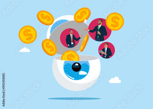 Businessman team beside half of a target open globe of the eye. Concentrate on purpose. Vector flat illustration