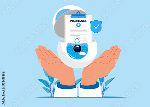 Open globe of the eye. Wellbeing metaphor. Health insurance contract. Vector illustration of insurance concept.