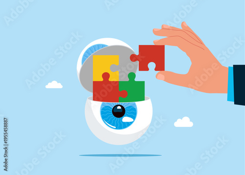 Business merger and acquisition. Teamwork and collaboration. Hand open globe of the eye connect jigsaw puzzles. Vector illustration