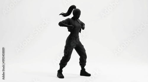 Stylized 3D black silhouette of a woman in a dynamic dance pose, with a textured outline, conveying strength and modern urban movement.