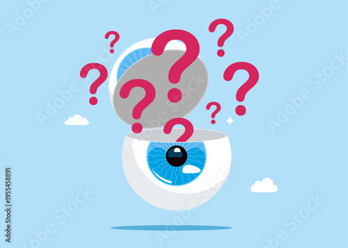 Open globe of the eye. Thinking of who what where when why and how. Asking questions for solution to so. Flat vector illustration