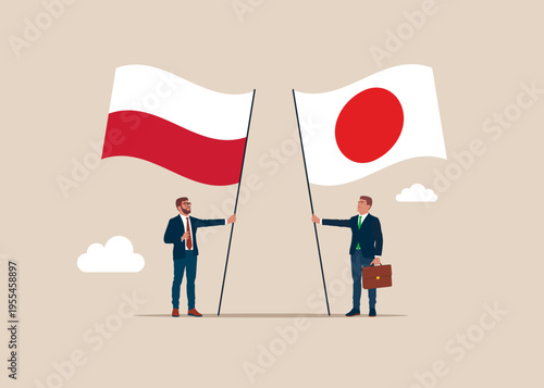 Bilateral political relations. Two flags of friendship. Businessmen united between Poland and its friendly countries Japan. Flat vector illustration.