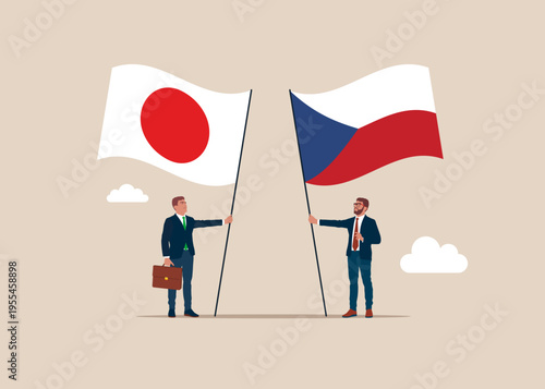 Bilateral political relations. Two flags of friendship. Businessmen united between Czech Republic and its friendly countries Japan. Flat vector illustration.
