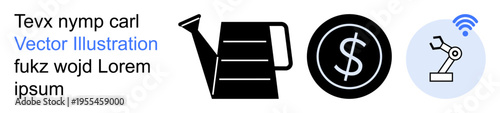 Financial growth, automation, agriculture tech, wireless systems, economic symbols, robotics. A watering can, dollar sign and robotic arm with wireless. Focus on automation and financial growth
