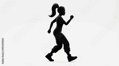 Dynamic 3d stylized black silhouette of a woman with a ponytail running with determination and energy, isolated on a clean white background.