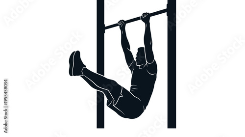 Strong silhouette of a man performing hanging leg raises on a pull-up bar, showcasing core strength and upper body workout, isolated on white.