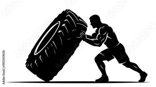 Muscular silhouette of a man flipping a large tire, representing strength training and intense crossfit workout, isolated on a white background.