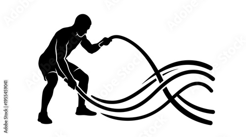 Powerful black silhouette of a man performing battle rope exercise, demonstrating strength and intensity in a dynamic workout, isolated on white.