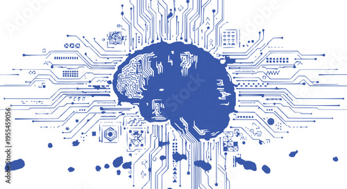 The brain is placed on a background that looks like a circuit board. This is a common visual metaphor for technology, computing, and artificial intelligence.