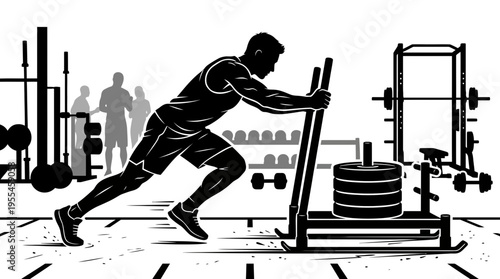 Silhouette of a fit man pushing a weighted sled in a modern gym, symbolizing strength training and intense workout.
