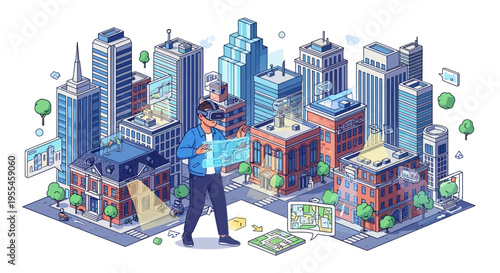 Man wearing VR headset interacting with futuristic city hologram.