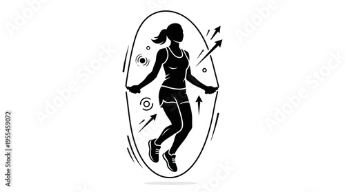 Silhouette of a woman energetically jumping rope in a gym, illustrating cardio fitness, agility, and a healthy lifestyle.
