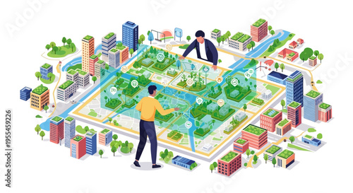 Two people interacting with a futuristic smart city model.