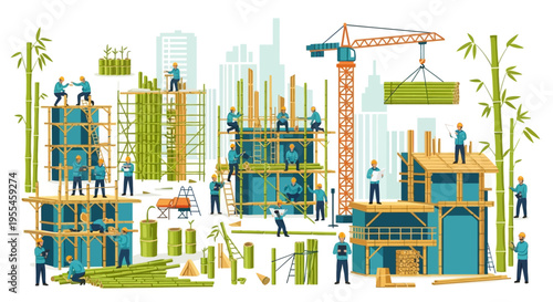 Construction Site Workers Building Modern Structures with Cranes.