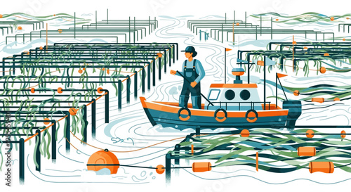 Fisherman on boat tending to seaweed farm.
