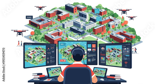 Man controlling drones over a smart city using multiple monitors.