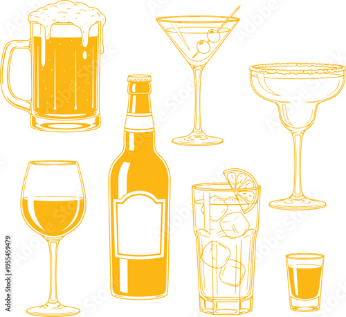 Alcoholic beverage and drink outline collection set isolated over transparent background for your design elements