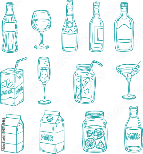 Assorted drink line art illustrations including juice boxes glass bottles milk containers and jars with fruit slices set